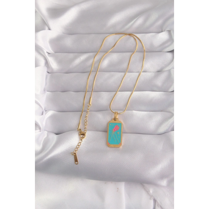 316L Çelik Gold Renk Mavi Mineli Tarot Kolye 5886