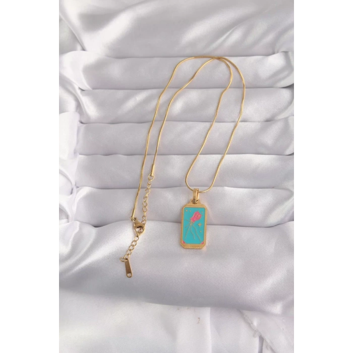316L Çelik Gold Renk Mavi Mineli Tarot Kolye - TJ-BKO9030