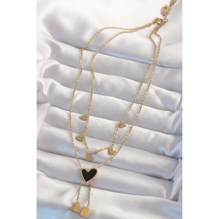 316L Çelik Gold Renk Mineli Çoklu Kalp Kolye - TJ-BKO8967