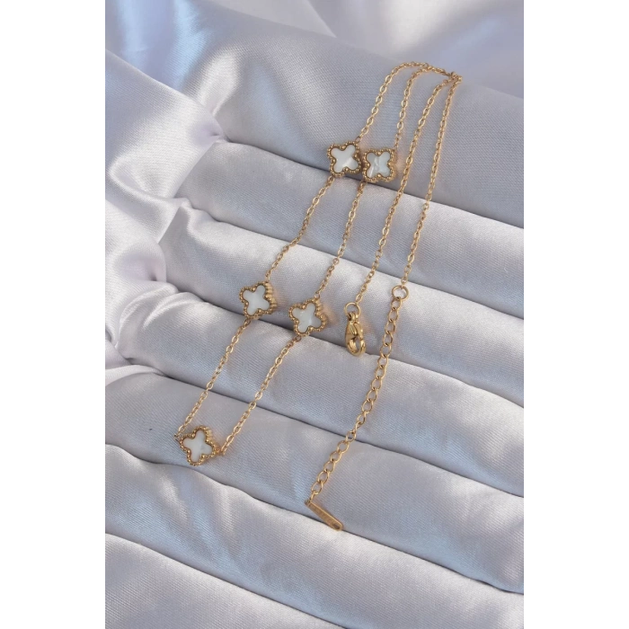 316L Çelik Gold Renk Minimal Beyaz Sedefli Yonca Kolye - TJ-BKO9002