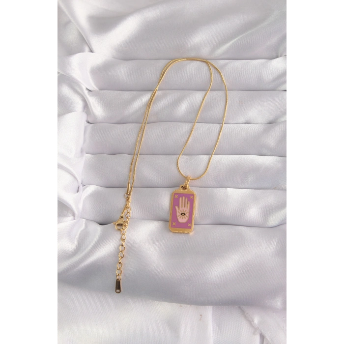 316L Çelik Gold Renk Mor Mineli El Figür Tarot Kolye 5886