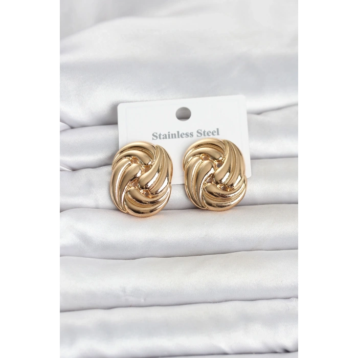 316L Çelik Gold Renk Motif Desen Model Kadın Küpe 5886