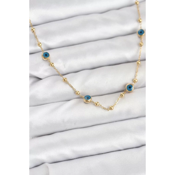 316L Çelik Gold Renk Nazarlı ve Topçuklu Model Kadın Kolye - TJ-BKO10814