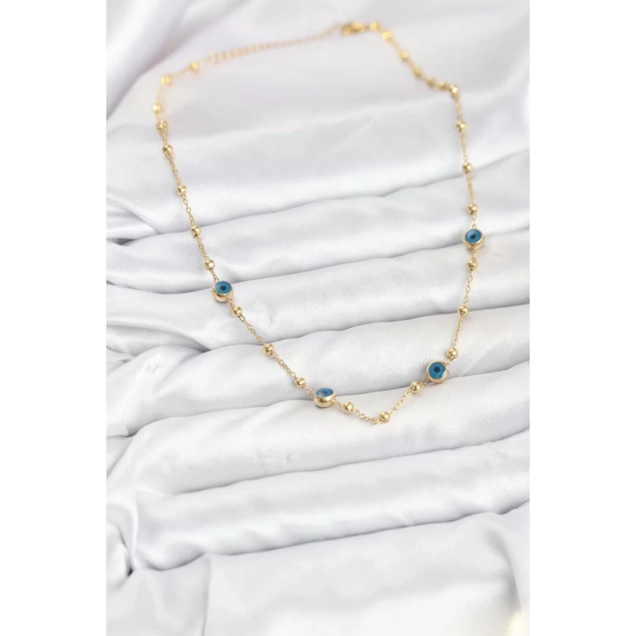 316L Çelik Gold Renk Nazarlı ve Topçuklu Model Kadın Kolye - TJ-BKO10814