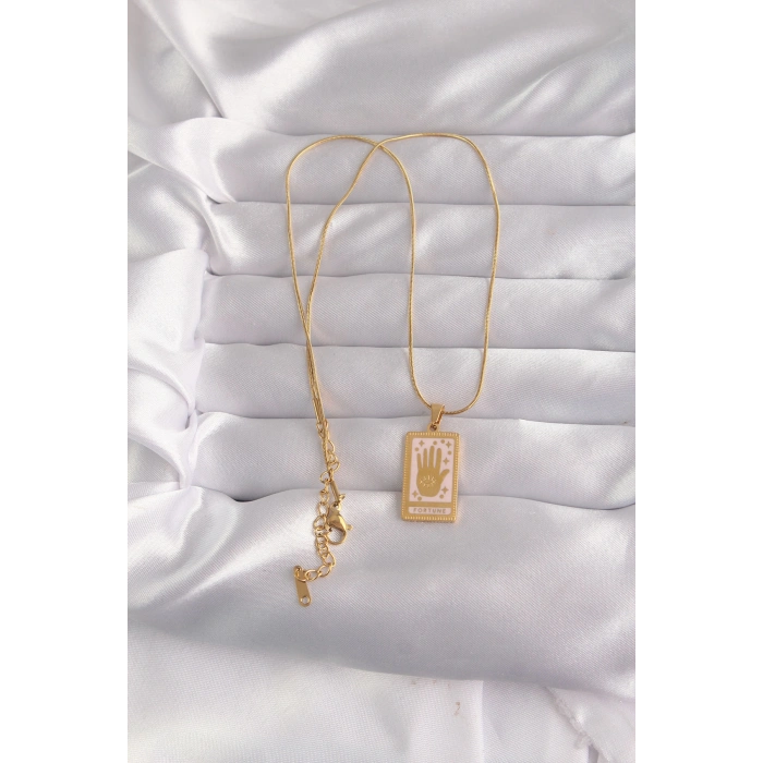 316L Çelik Gold Renk Pembe Mineli El Figür Tarot Kolye 5886