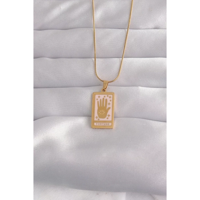 316L Çelik Gold Renk Pembe Mineli El Figür Tarot Kolye - TJ-BKO9031