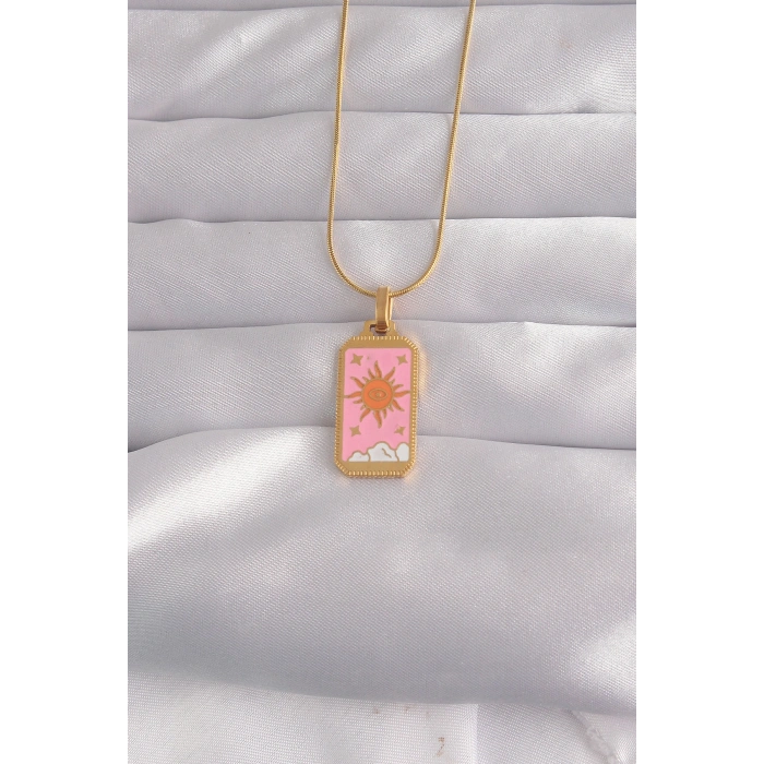 316L Çelik Gold Renk Pembe Mineli Güneş Model Tarot Kolye 5886