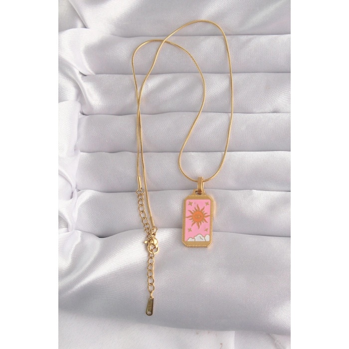 316L Çelik Gold Renk Pembe Mineli Güneş Model Tarot Kolye 5886
