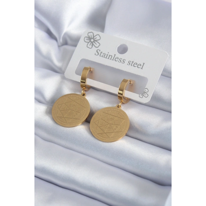 316L Çelik Gold Renk Pentagram Yıldızı İşleme Model Kadın Küpe 5886