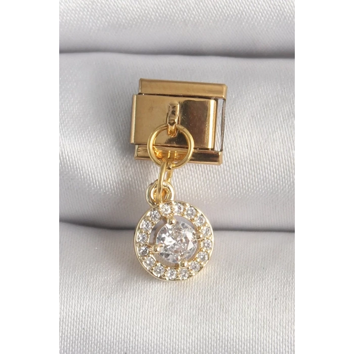 316L Çelik Gold Renk Sallantı Daire Zirkon Taşlı Nomination Charm - TJ-BC1342