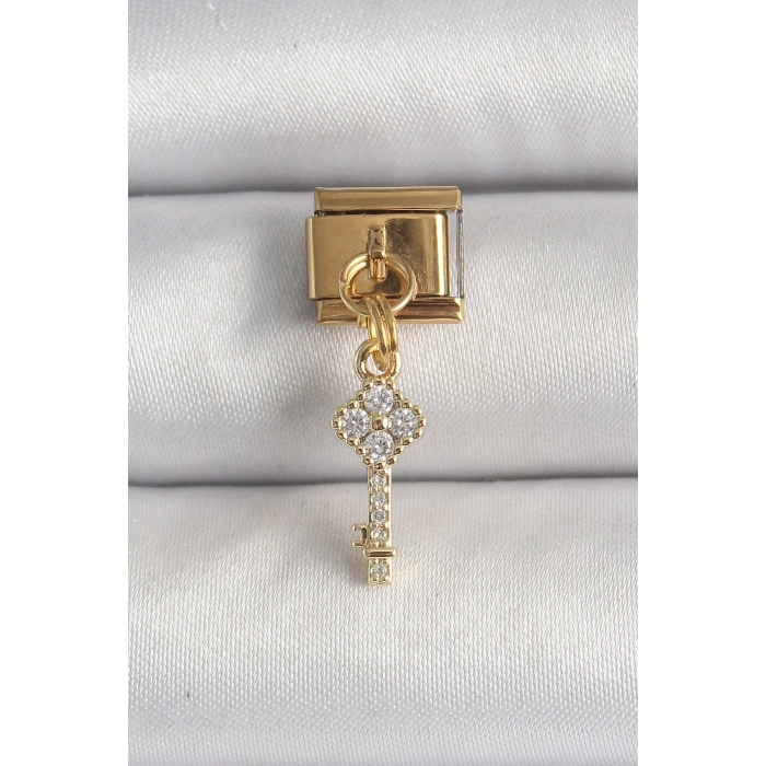 316L Çelik Gold Renk Sallantı Zirkon Taşlı Anahtar Model Nomination Charm 5886