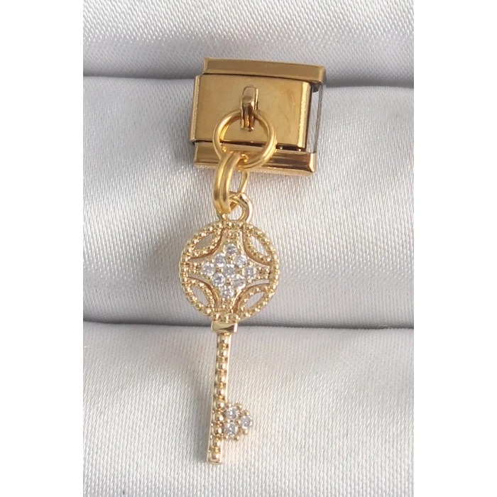 316L Çelik Gold Renk Sallantı Zirkon Taşlı Anahtar Model Nomination Charm - TJ-BC1347