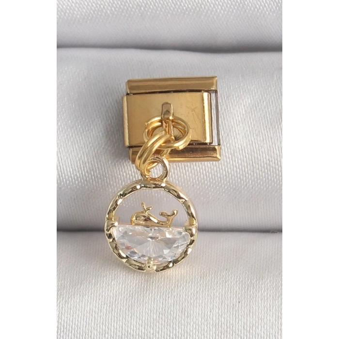 316L Çelik Gold Renk Sallantı Zirkon Taşlı Balina Model Nomination Charm - TJ-BC1339