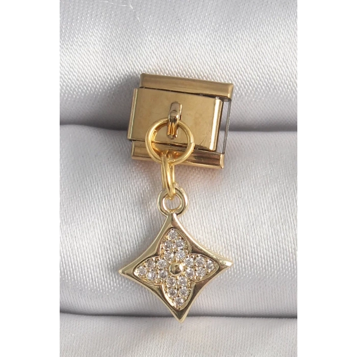 316L Çelik Gold Renk Sallantı Zirkon Taşlı Çiçek İşlemeli Nomination Charm - TJ-BC1355