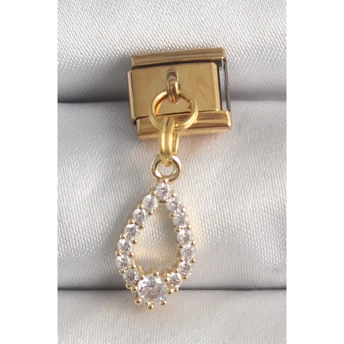 316L Çelik Gold Renk Sallantı Zirkon Taşlı Damla Model Nomination Charm - TJ-BC1372