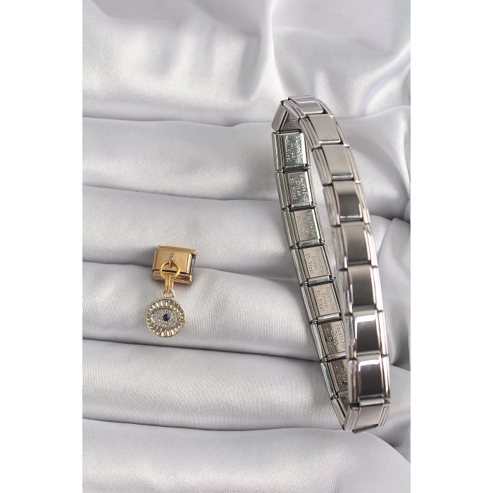 316L Çelik Gold Renk Sallantı Zirkon Taşlı Göz Model Nomination Charm 5886