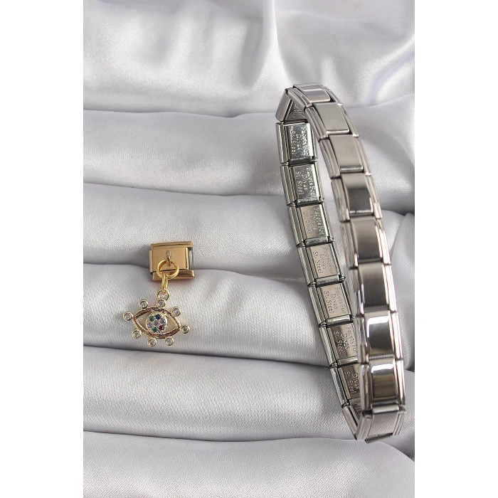 316L Çelik Gold Renk Sallantı Zirkon Taşlı Göz Model Nomination Charm 5886