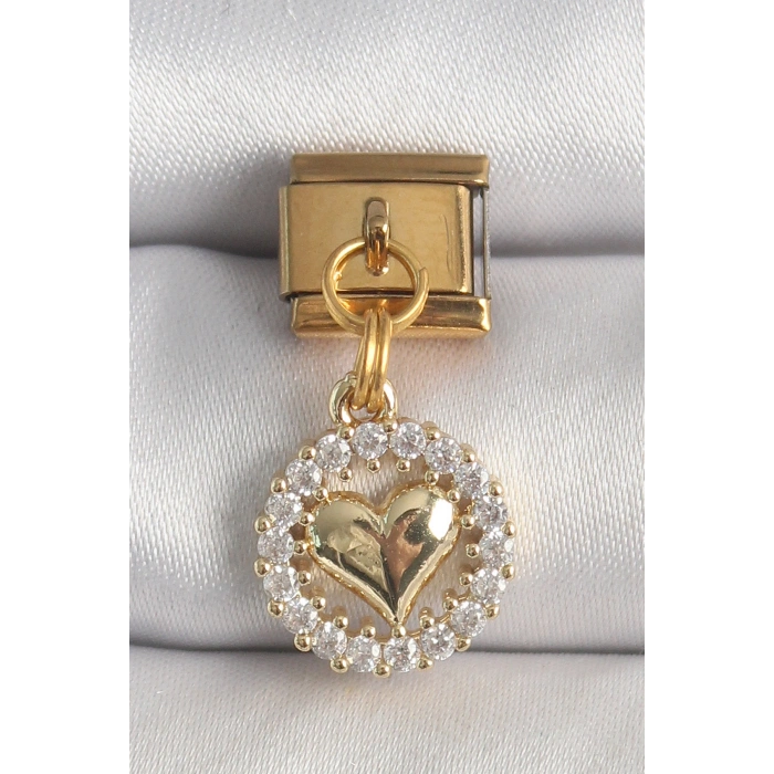 316L Çelik Gold Renk Sallantı Zirkon Taşlı Kalp Model Nomination Charm 5886