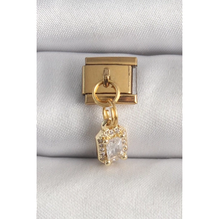 316L Çelik Gold Renk Sallantı Zirkon Taşlı Kare Model Nomination Charm - TJ-BC1348