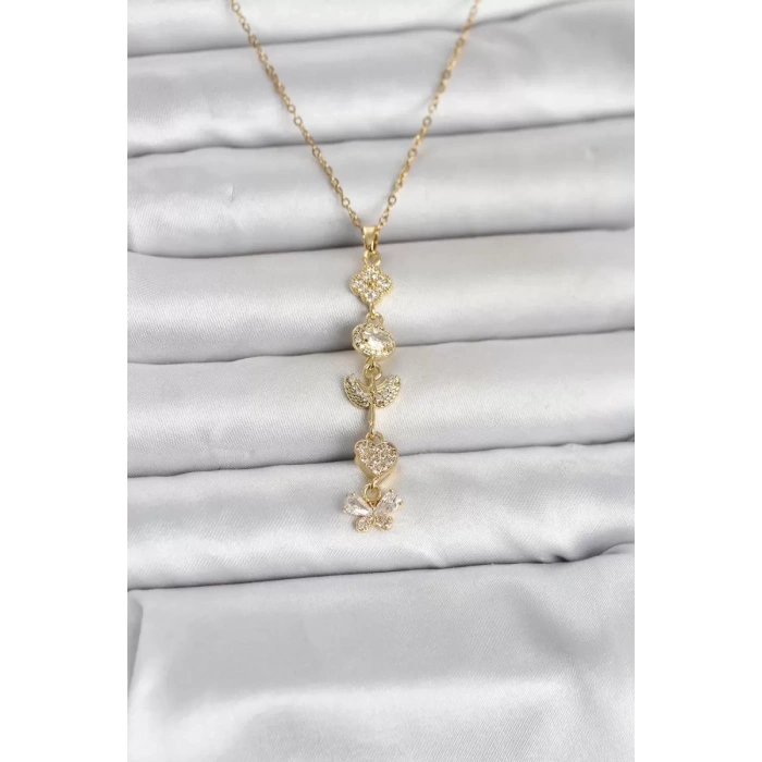 316L Çelik Gold Renk Şans Kolyesi Y Model Zirkon Taşlı Kadın Kolye - TJ-BKO11050