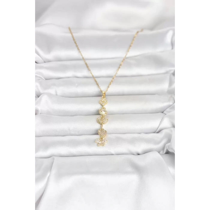 316L Çelik Gold Renk Şans Kolyesi Y Model Zirkon Taşlı Kadın Kolye - TJ-BKO11050
