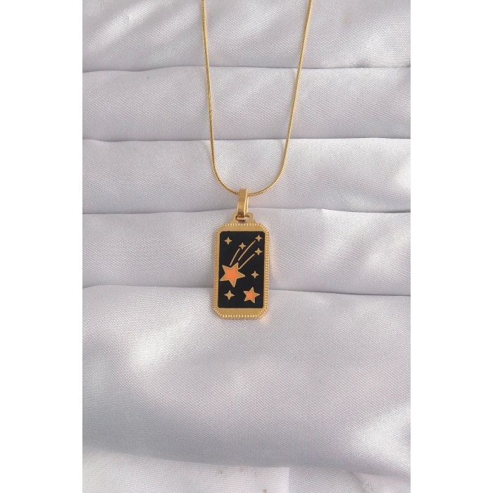 316L Çelik Gold Renk Siyah Mineli Yıldız Figür Tarot Kolye 5886