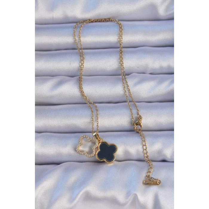 316L Çelik Gold Renk Siyah Mineli Zirkon Taşlı Yonca Figürlü Kolye - TJ-BKO9198