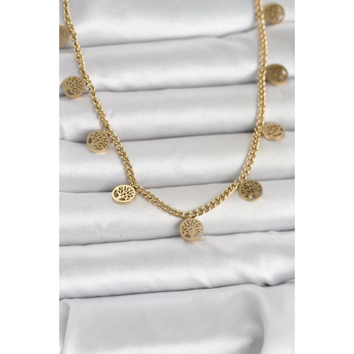316L Çelik Gold Renk Yaşam Ağacı Model Kadın Kolye - TJ-BKO11045