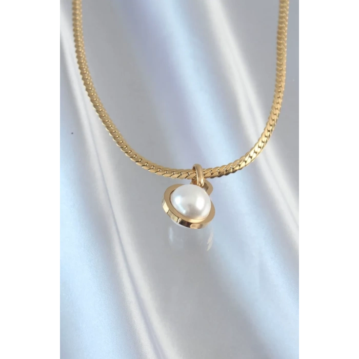 316L Çelik Gold Renk Yassı Zincir İnci Taşlı Kolye - TJ-BKO8903