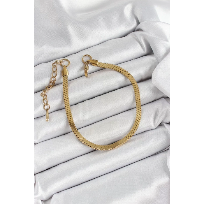 316L Çelik Gold Renk Yassı Zincir Model Kadın Bileklik - TJ-BB7086