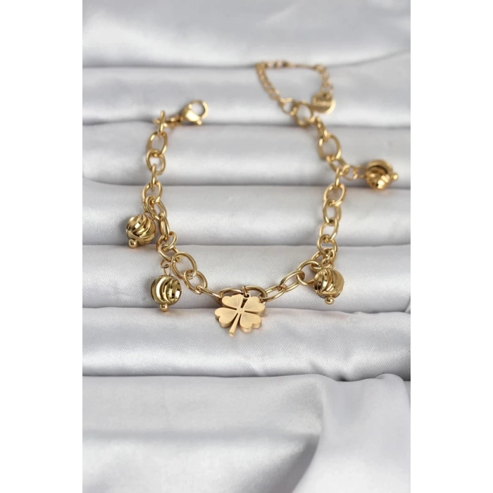316L Çelik Gold Renk Yonca ve Dorikalı Kadın Bileklik TJ-BB8387