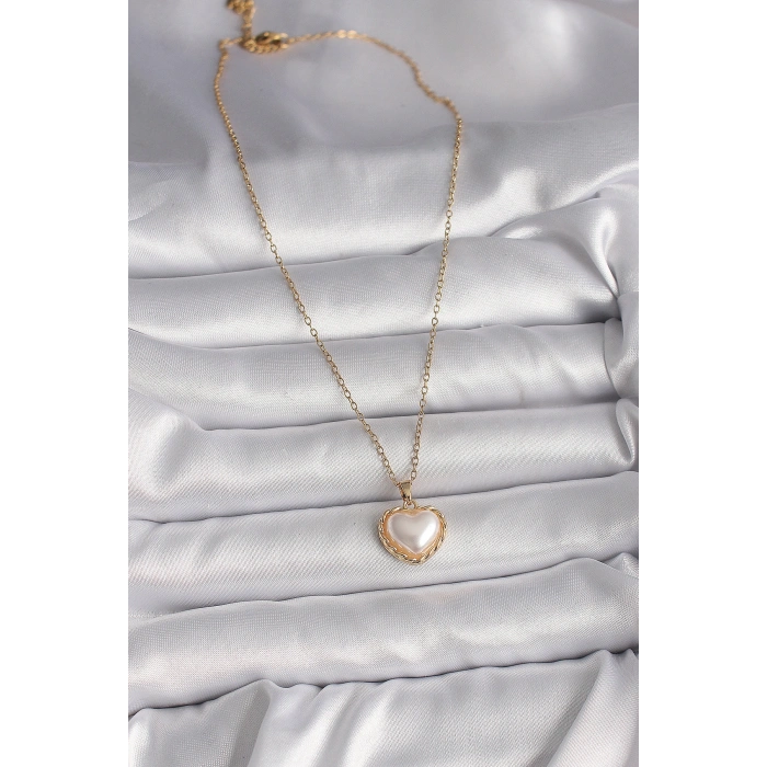 316L Çelik Gold Renk Zincir 3D İnci Kalp Model Kadın Kolye 5886