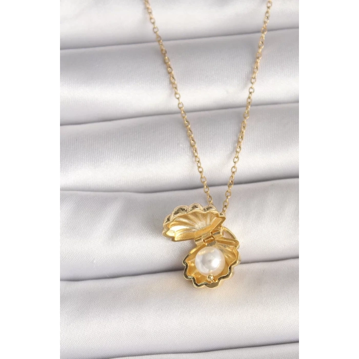 316L Çelik Gold Renk Zincir Açılır İncili Midye Model Kadın Kolye - TJ-BKO9994