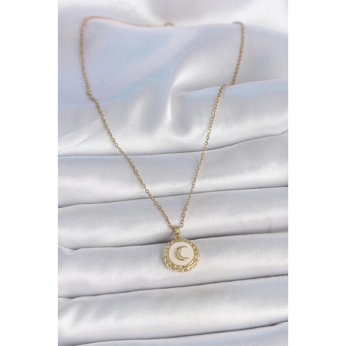 316L Çelik Gold Renk Zincir Beyaz Mineli Hilal İşlemeli Madalyon Model Kadın Kolye - TJ-BKO10035