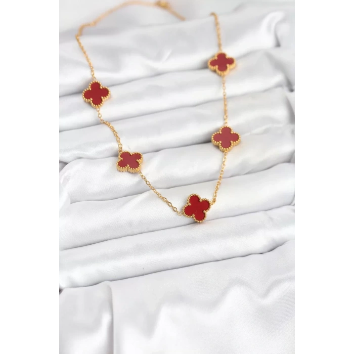 316L Çelik Gold Renk Zincir Bordo Yonca Kadın Kolye - TJ-BKO10565