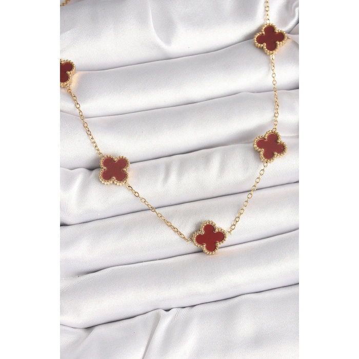 316L Çelik Gold Renk Zincir Bordo Yonca Model Kadın Kolye 5886