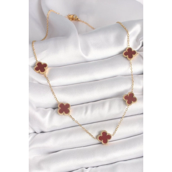316L Çelik Gold Renk Zincir Bordo Yonca Model Kadın Kolye - TJ-BKO9926