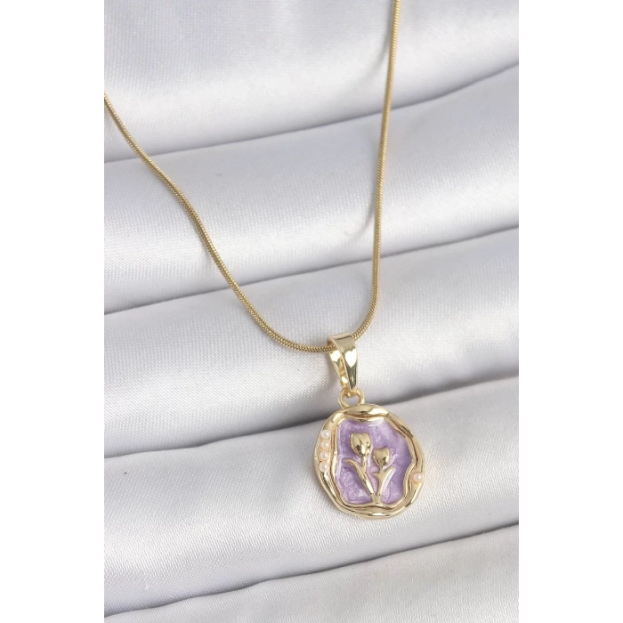 316L Çelik Gold Renk Zincir Mor Mineli Çiçek İşlemeli Portre Model Kadın Kolye - TJ-BKO10164