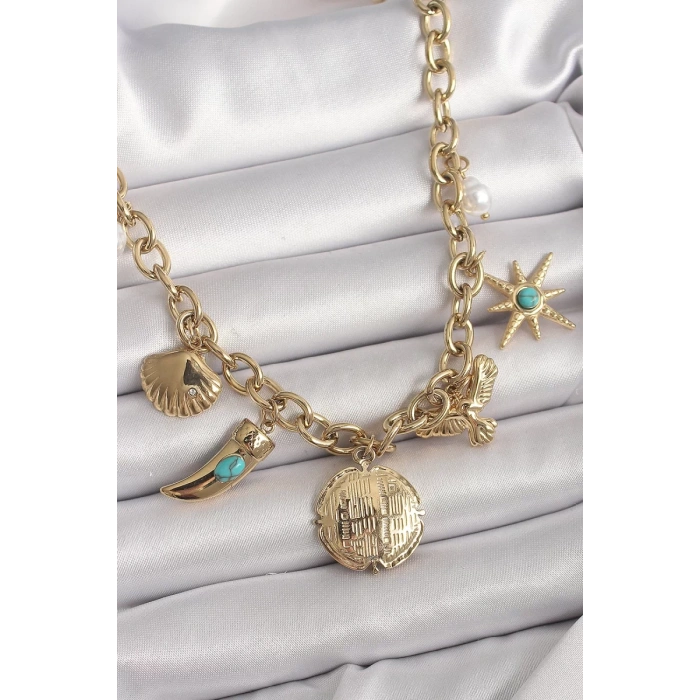 316L Çelik Gold Renk Zincir Sallantılı Çoklu Figür Model Kadın Kolye - TJ-BKO9849