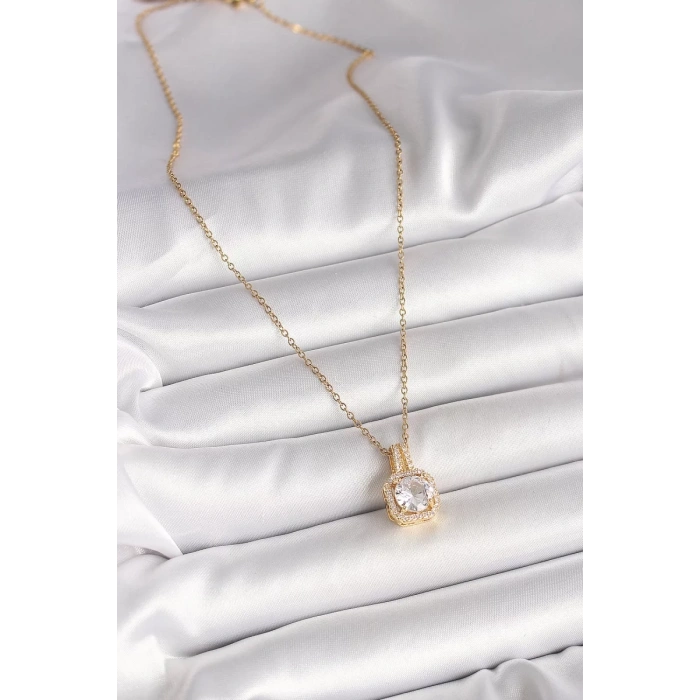 316L Çelik Gold Renk Zincir Zirkon Taşlı Kare Model Kadın Kolye - TJ-BKO9956