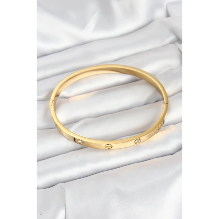 316L Çelik Gold Renk Zirkon Taşlı 65 mm Kadın Kelepçe Bileklik 5886