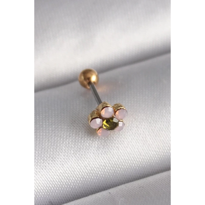 316L Çelik Gold Renk Zirkon Taşlı Çiçek Tragus Piercing - TJ-PR1276