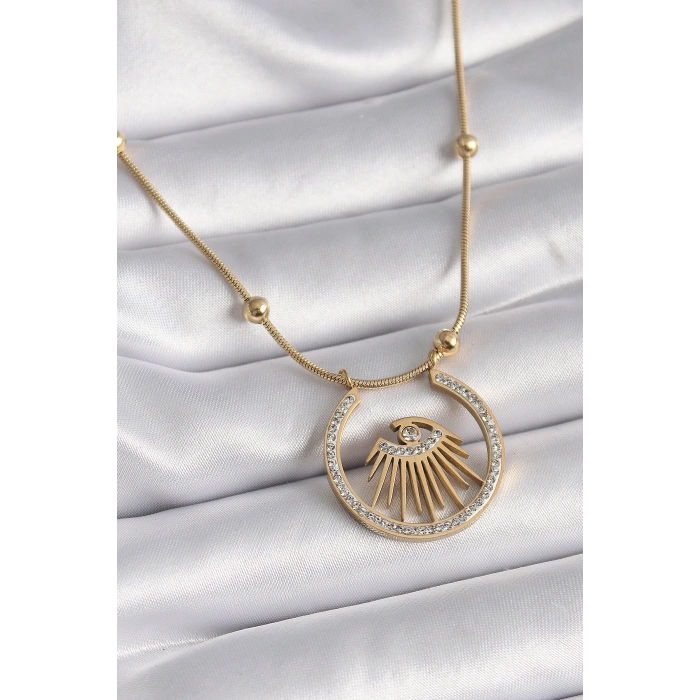 316L Çelik Gold Renk Zirkon Taşlı Göz Model Kadın Kolye 5886