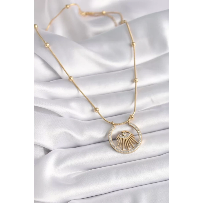316L Çelik Gold Renk Zirkon Taşlı Göz Model Kadın Kolye - TJ-BKO9404