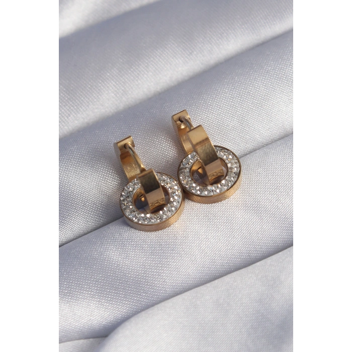 316L Çelik Gold Renk Zirkon Taşlı İç İçe Geçmeli Oval Küpe 5886