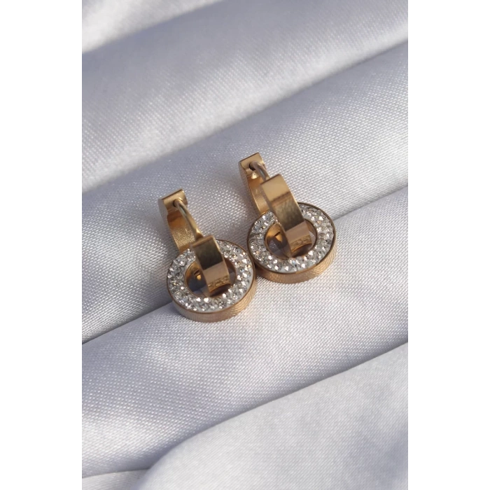 316L Çelik Gold Renk Zirkon Taşlı İç İçe Geçmeli Oval Küpe - TJ-BKP9014