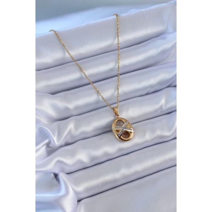 316L Çelik Gold Renk Zirkon Taşlı Kadın Kolye - TJ-BKO7635
