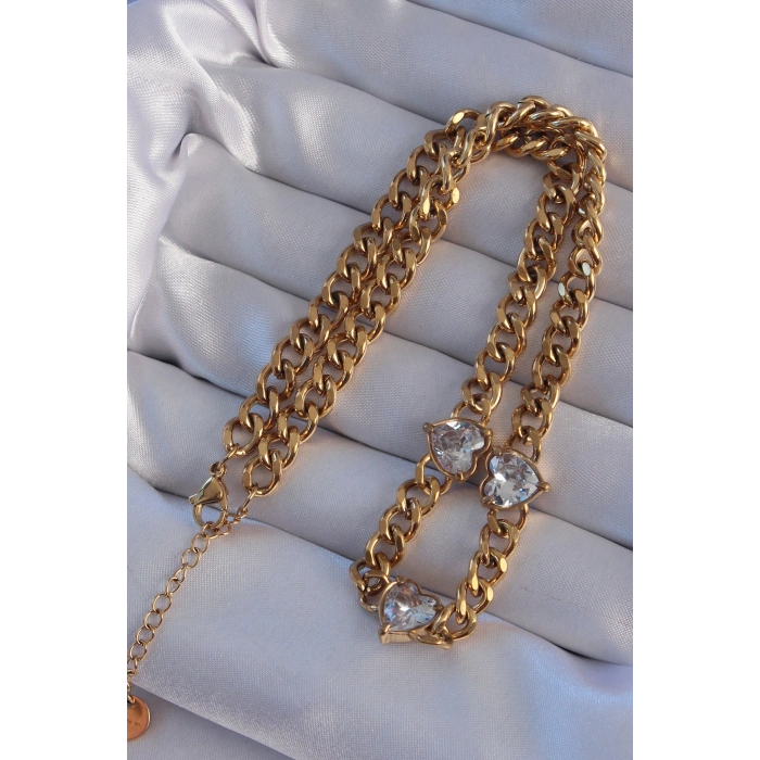 316L Çelik Gold Renk Zirkon Taşlı Kalp Model Zincir Kolye 5886