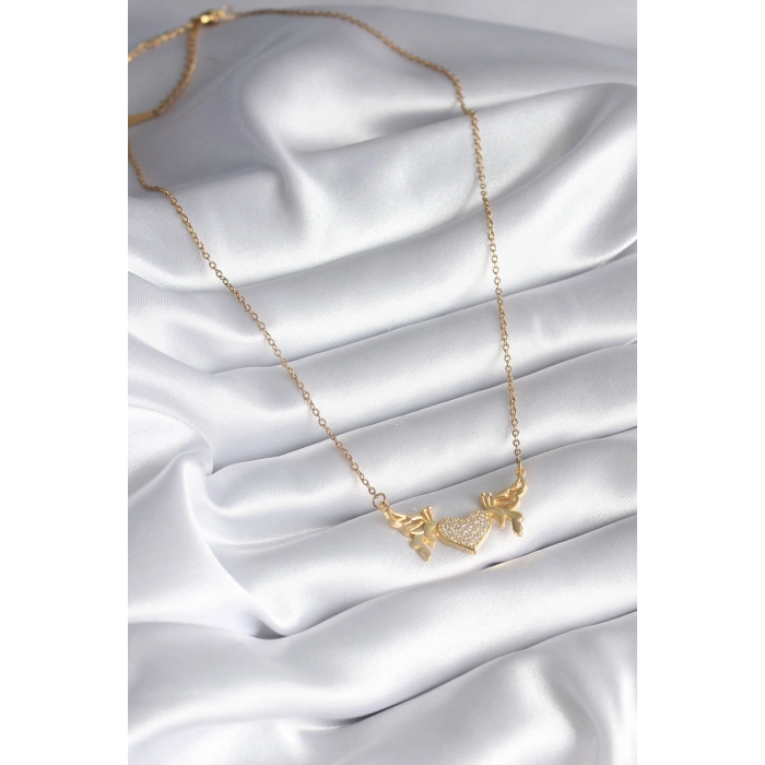 316L Çelik Gold Renk Zirkon Taşlı Kanatlı Kalp Model Kadın Kolye 5886