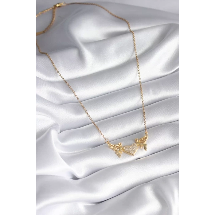 316L Çelik Gold Renk Zirkon Taşlı Kanatlı Kalp Model Kadın Kolye - TJ-BKO8290